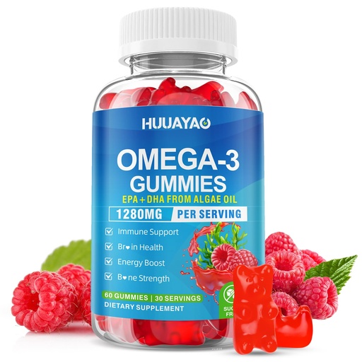 [BRSREBA6CV5GMCT4] Vegan Omega-3 Gummies 1280mg, Omega 3 Fish Oil Alternative for Adults w/EPA 400mg & DHA 600mg & Vitamin A, C, E Supports Brain, Eye & Immune Health, Sugar Free, Raspberry Flavor, 60 Count