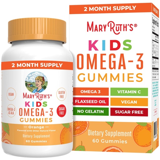 [BRSWYHQ3OJ5RYG3A] MARYRUTH'S Vegan Omega 3 Gummies for Kids 2+, 2 Month Supply, Sugar Free, Omega 3 Supplement with Vitamin C, Flaxseed Oil, Immune Support, Essential Nutrient ALA, No Fish Taste, 60 Count