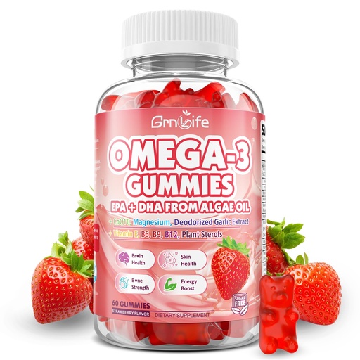 [BRSREBL5CQFGKCAV] Vegan Omega 3 Gummies 1000mg + CoQ10 + Magnesium - w/Algae EPA 600mg & DHA 400mg, Fish Oil Omega-3 Supplements Alternative for Adults, for Brain, Eye, Immune Health, Strawberry Flavor, 60 Count