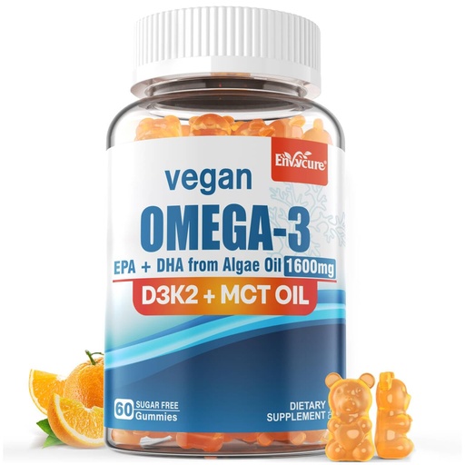 [BRSRAZYYDEORUHQY] Vegan Omega 3 Gummies 1280mg + Vitamin D3 K2 (MK7), Omega 3 Fish Oil Alternative for Adults, w/Algae EPA 600mg & DHA 400mg, MCT Oil - No Fish Taste - for Brain, Eye, Immune Health, Sugar Free, 1 Pack