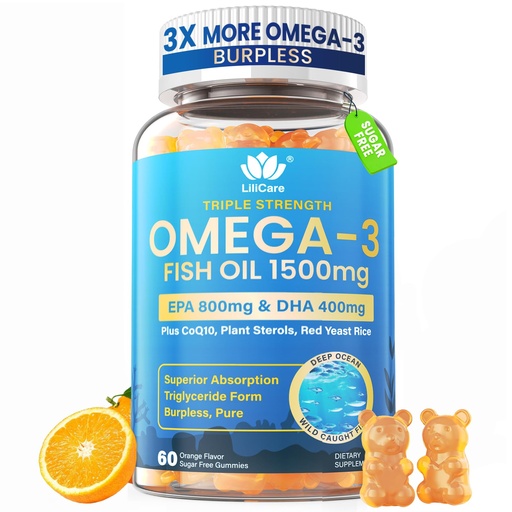 [BRSREBAEOQAWGE3A] Fish Oil Omega 3 Gummies 1500mg for Adults - Triple Strength with EPA & DHA, COQ10, Red Yeast Rice - Wild Caught Omega 3 Fatty Acids Supplements for Hḙar-t & Brain - Sugar Free, Burpless, 60 Count