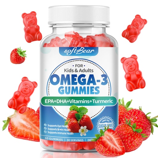 [BRSRGY32DMCBU33F] softbear Omega 3 Gummies for Women & Men & Kids Omega 3 Supplements 1200mg Vegan Omega 3 Fatty Acids DHA EPA with Vitamins Support Eye & Brain Health, Sugar Free, Strawberry Flavor 60 Count