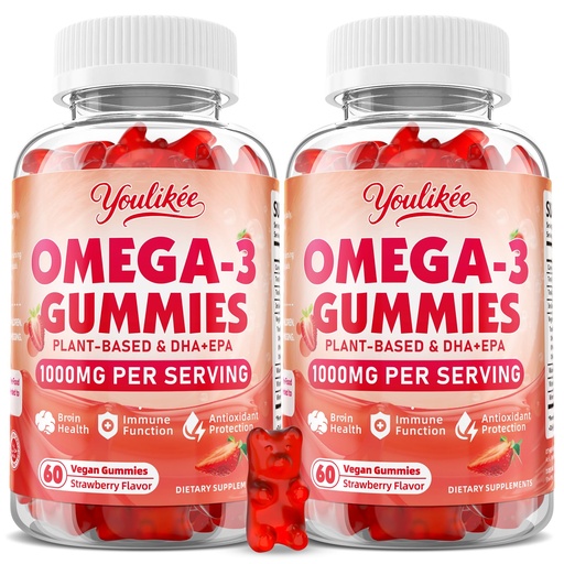 [BRSREGQCAQPBMG3O] 2 Pack Vegan Omega-3 Gummies 1000mg, Omega 3 Fish Oil Alternative for Adults, Plant Based DHA 460mg & EPA 230mg w/Vitamin A, C, E, Strawberry Flavor, 120 Count