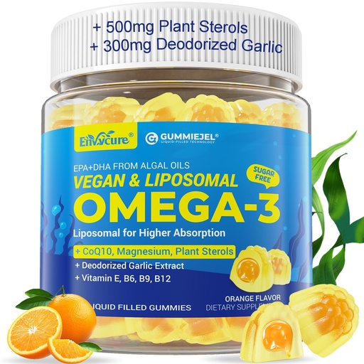[BRSREZD6OB4GE2A4] Vegan Omega-3 Gummies 1000mg +CoQ10+Magnesium- EPA 600mg & DHA 400mg, Fish Oil Omega 3 Supplements Alternative for Women Men Adults- Liposomal Form -Algae- Plant Sterols, Garlic,B6,B9, B12, Sugar Free