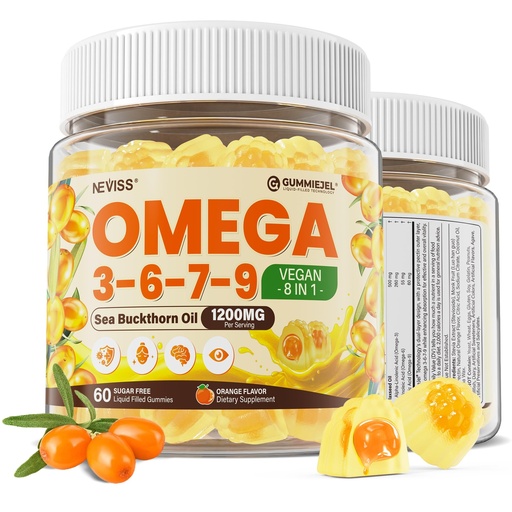[BRSRECALCEDQG23G] Omega 3-6-7-9 Gummies, Organic Sea Buckthorn Oil 1200MG & Flaxseed Oil 500MG, Vegan Omega 7 Supplement w/Vitamin A, C, E, Fatty Acids, No Fish Taste, Supports Skin, Eye, Immune, Brain Health, 60 Cts
