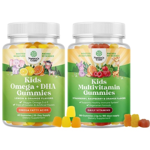 [BRSRMAI5AF5REDTU] Bundle of Kids DHA Omega 3 Gummies - Fatty Acids Omega 3 6 9 for Brain, Immune Strength & Vision and Plant Based Kids Multivitamin Gummies with Vitamins A C D3 E B and Zinc for Immunity Support