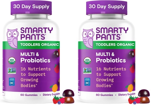 [BRSRGGQNBMNGAGTD] SmartyPants Organic Toddler Multivitamin Gummies: Probiotics,Omega 3 (ALA),Vitamin D3,C,Vitamin B12,B6,A,K&Zinc,Beta Carotene,Gluten Free,Three Fruit Flavors, (30 Day Supply),60 Count (Pack of 2)