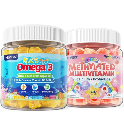[BRSREFIBBMFWMCD3] Kids Methylated Multivitamin Gummies with Calcium, Probiotics + Omega 3 Gummies with Vitamin D3 & K2, C, DHA