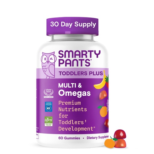 [BRSRACYLBMHRMEIV] SmartyPants Toddler Multivitamin Gummies, Omega 3 (DHA/EPA), Vitamins D3, C, Vitamin B12, B6, A, K & Zinc, Biotin, Gluten Free, Three Fruit Flavors, 60 Count (30 Day Supply)