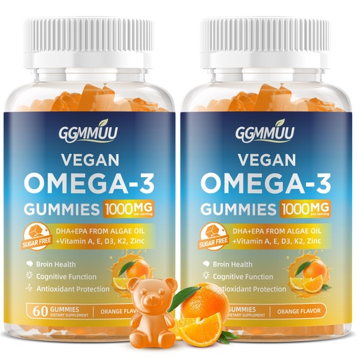 [BRSRGYAZBV7BM2AU] 2 Pack Vegan Omega 3 Gummies 1000MG Algal Oil Omega 3 Supplement for Adults with Algae DHA 600mg & EPA 300mg Fish Oil Alternative - for Eye & Immune Health, Orange Flavor, 120 Count