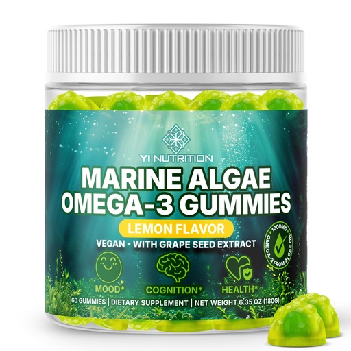 [BRSREH35AACAGC3V] Marine Algae Omega 3 Gummies with 3400mg+ | DHA/EPA/ALA, 20:1 Grape Seed Extract, Vitamin C & Folate | Heart, Brain & Skin | Plant-Based, Sugar-Free, 60 Ct