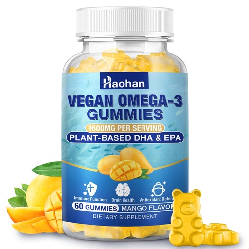 [BRSRGZQHAEARGDTX] Omega-3 Gummies for Adults, Orange Flavor – Sugar-Free, Algae-Derived DHA 600mg & EPA 300mg, with Vitamins A, C, E, Zinc, 60 Gummies