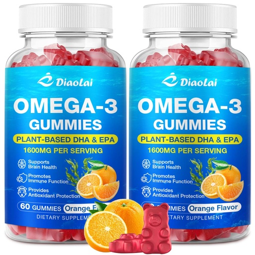 [BRSRGZQ3DF6RGFDK] 2 Pack Vegan Omega-3 Gummies for Adults – Sugar-Free, Algae-Based DHA 600mg & EPA 300mg, with Vitamins A, C, E, Zinc – Omega 3 Fish Oil Alternative, 120 Count