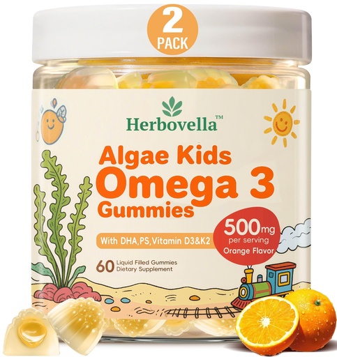 [BRSREA34B4PG2G3A] Kids Omega 3 Gummies 2 Pack, Vegan Algae DHA 420mg with PS, Vitamin D3 K2, Sugar Free, No Fish Oil, Brain & Focus Support for Kids, 120 Gummies