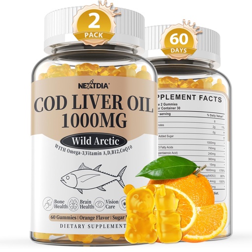 [BRSRABTRCEHQOHTD] Cod Liver Oil 1000mg Gummies for Adults & Kids, with Vitamin A & D3 - Omega 3 Fish Oil Supplement - DHA 360mg & EPA 240mg for Brain, Bone, Eye & Immune Health, Sugar Free, 120 Count