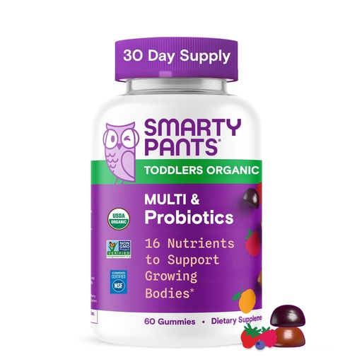 [BRSWG2YQBEHW2DLK] SmartyPants Organic Toddler Multivitamin Gummies: Probiotics, Omega 3 (ALA), Vitamin D3, C, Vitamin B12, B6, A, K & Zinc, Beta Carotene, Gluten Free, Three Fruit Flavors, 60 Count (30 Day Supply)