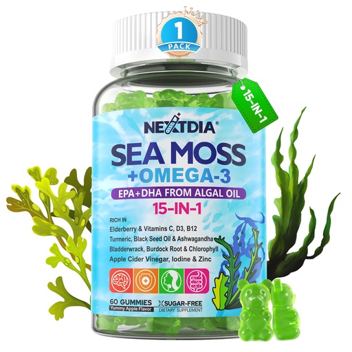 [BRSRAGI6C4HRSGY7] Sea Moss Gummies + Algae Omega-3 for Men Women, Sugar-Free Vegan 15-IN-1 Irish Seamoss Superfood with/EPA DHA, Vitamins B12 D3, Turmeric, Elderberry, Burdock Root, Support Energy, Brain, Immune 1 Pack