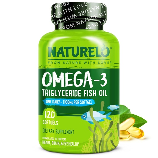 [BRSWKGQODJ7QAFA5] NATURELO Burpless Omega 3 Fish Oil Supplement - 1100mg Triglyceride Omega-3, EPA + DHA, Liquid Fish Oil for Heart, Eye, Brain, Joint Health - 120 Softgels, 4 Months Supply
