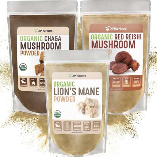 [BRSRMYIOC4IQ4ALJ] XPRS Nutra Mushroom Bundle - Lion's Mane, Chaga, Red Reishi Mushrooms - All Organic Mushroom Bundle (16 Ounces Each)