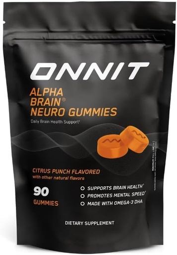 [BRSRABT6BEMQ4YA4] ONNIT Alpha Brain Neuro Focus Gummies, IGEN Non-GMO Tested Vegan Gummies with Omega-3s Lutein Zeaxanthin and Caffeine, Brain Eye and Focus Supplement for Men and Women, Citrus Punch, 90 Count