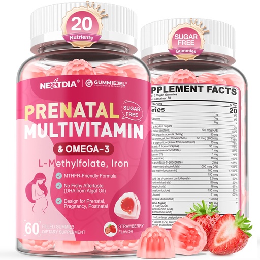 [BRSRECQ6BZ6QADQ6] Prenatal Vitamins for Women Gummies, Methylfolate 1mg, Vegan Omega 3 DHA 800mg, Iron, Choline, Iodine, Vitamin D3 B6 B12 - Multivitamin for Women Before, During & After Pregnancy, Sugar Free, 60 Count