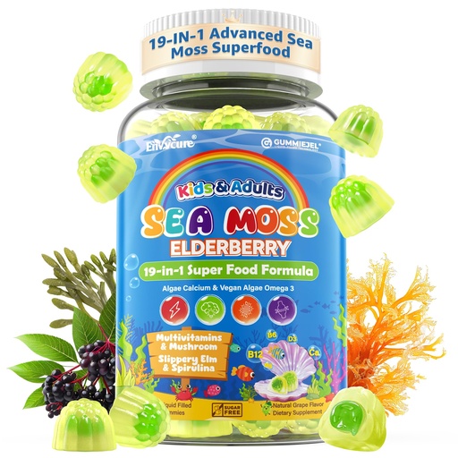 [BRSRGYAYCV4BG33D] Sea Moss + Elderberry Gummies for Kids & Adults, 19-IN-1 Super Food with Spirulina, Algae Omega 3, Algae Calcium, Ashwagandha, Mushroom, Vitamins D3, C for Immune, Gut, Bone, Energy, Brain,Vegan 60Cts