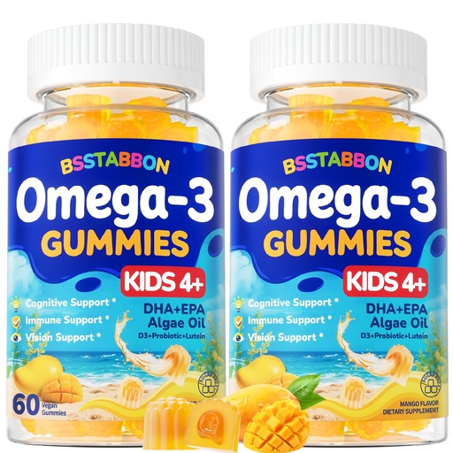 [BRSREBIDA4HAAYLF] Vegan Omega 3 Gummies for Kids 4+: Natural Omega-3 Fatty Acid Supplement DHA EPA with Vitamin D3 B12 Probiotic Lutein Zinc for Overall Health - No Fish Taste Multivitamin for Kids(120Count)
