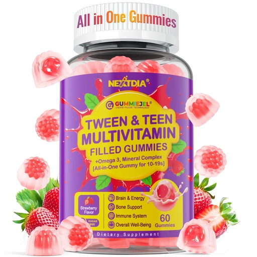 [BRSRE23RPJ5R4E3J] Nextdia Multivitamin Filled Gummies for Teen Boys Girls 12-17, 18, 19, Kids 10+ Multivitamin with Omega 3, Calcium + Magnesium + Zinc, Multi-Minerals for Adolescent 10-19S Brain, Bone, Energy, Immune