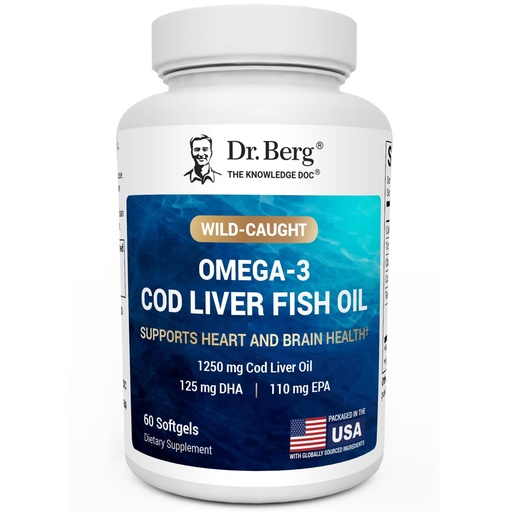 [BRSREFQHAF5RAD36] Dr. Berg Omega-3 Cod Liver Fish Oil 60 Softgels – Wild-Caught Icelandic Cod – Omega 3 EPA & DHA – Heart, Brain, Immune & Eye Support* – Lemon Flavor – 4X Lab-Tested – Non-GMO, No Fillers