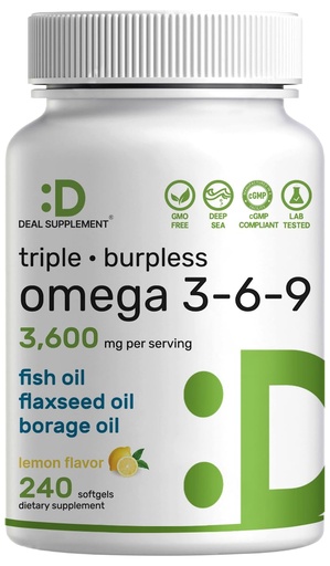 [BRSREYYKPMFBS2Y6] Triple Omega 3-6-9 Fish Oil Supplements 3,600mg – 240 Softgels with Flaxseed Oil & Borage Oils Complex – High EPA + DHA – Burpless Pills, Lemon Flavored, Wild Caught – Heart, Joint, & Brain Support