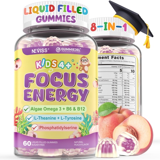 [BRSREHQQOR6BQYLG] Kids Focus Gummies - Brain Supplements with Vegan Omega 3 DHA, Phosphatidylserine, L-Theanine, L-Tyrosine, Methylated B6 & B12 for Kids & Teen Support Attention, Memory, Nootropic, Sugar Free 60cts