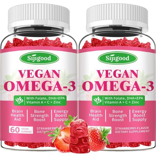 [BRSREFD5OEJQI2DK] Omega-3 Gummies Potent Algae Omega Source, Boost Brain, Eye & Immune Function, with DHA and EPA Vegan & Sugar Free, Strawberry Flavor, 120 Count