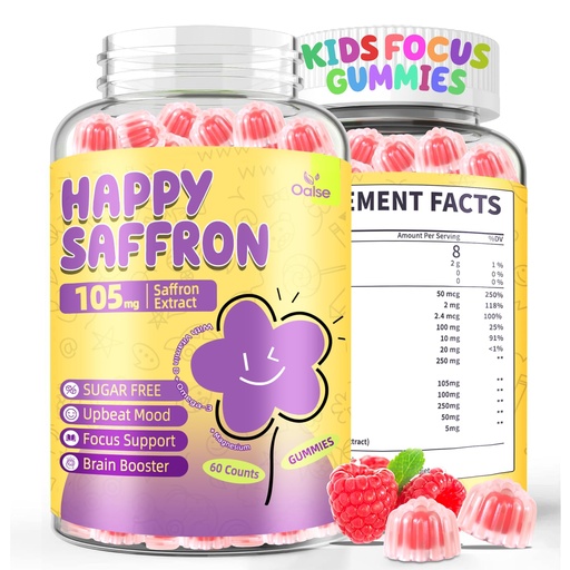[BRSRGFLQAAIGA3LH] Saffron Gummies for Kids: Focus Supplement for Kids with Saffron Extract & Omega-3 Potassium - Happy Mood - Vegan, Sugar-Free
