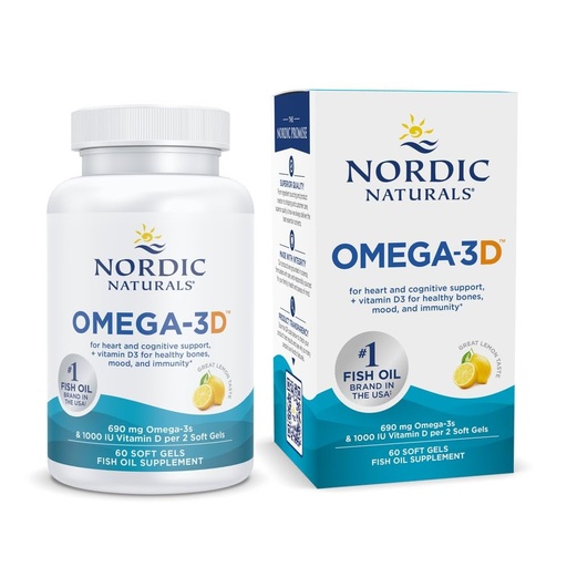 [BRSWIYAKCIOGAA34] Nordic Naturals Omega-3D, Lemon Flavor - 60 Soft Gels - 690 mg Omega-3 + 1000 IU Vitamin D3 - Fish Oil - EPA & DHA - Immune Support, Brain & Heart Health, Healthy Bones - Non-GMO - 30