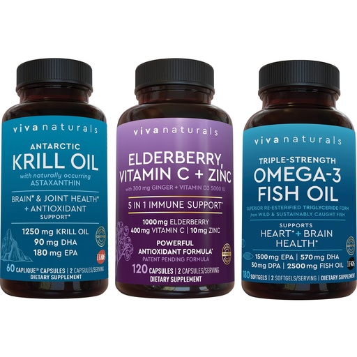 [BRSRMGQDAEHAK2A6] 1250 mg Antarctic Krill Oil, Elderberry Vitamin C & Zinc and 2,500 mg Triple-Strength Omega 3 Fish Oil Bundle,Providing Omega 3 EPA and DHA, Elderberry for Immune Support