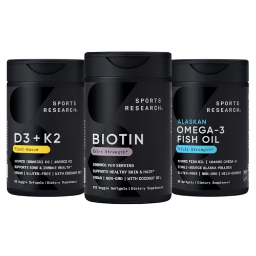 [BRSRGGIYPJ7GECTX] Sports Research® Healthy Hair Pack - Biotin 5,000mcg with Organic Coconut Oil + Vegan Vitamin D 5000iu & Mk7 Vitamin K 100mcg + Omega-3 Fish Oil 1250