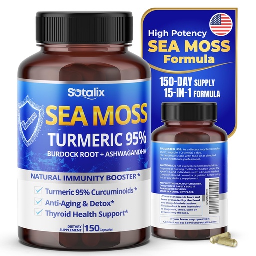 [BRSRMBAYO5YRYDQ2] Sotalix Sea Moss Capsule with Ashwagandha, Burdock Root, Bladderwrack, Turmeric - Powerful Natural Immunity Booster (150 Count (Pack of 1))