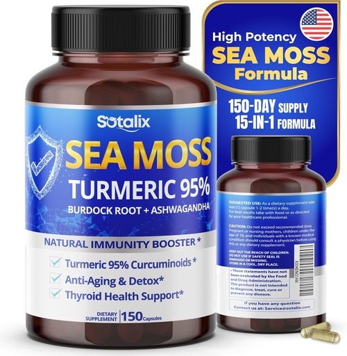 [BRSRMBAYO5YRYDQ2] Sotalix Sea Moss Capsule with Ashwagandha, Burdock Root, Bladderwrack, Turmeric - Powerful Natural Immunity Booster - USA Made (150 Count (Pack of 1))