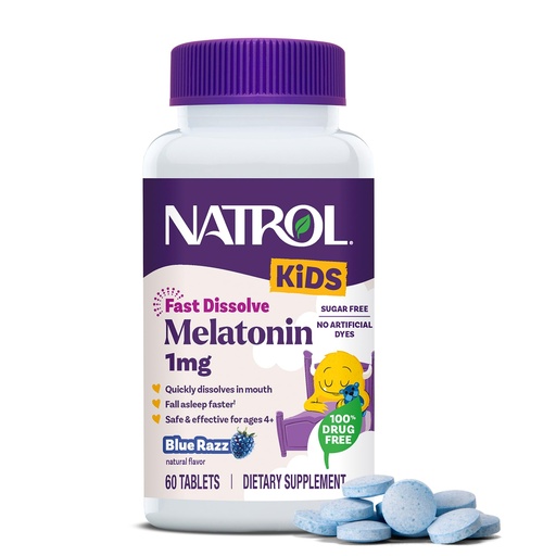 [BRSRGGIBAUNAIEIY] Natrol Kids Fast Dissolve Melatonin 1 mg, Dietary Supplement for Restful Sleep, Sleep Tablets for Kids, 60 Sugar-Free Blue-Razz-Flavored Melatonin Tablets, 60 Day Supply