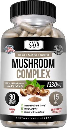 [BRSRMEIKCMIBS3DH] Kaya Naturals Premium Mushroom Complex Potent - Mushroom Complex Capsules 1995mg Per Serving - Aids Mental Clarity Supports Immune System, Wellness & Vitality |-30 Count