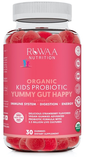 [BRSWYHQYBYFQMEY6] RUWAA NUTRITION Kids Organic Probiotic Gummies for Digestive Health, Immune Support, Constipation, Bloating. 2.5 Billion CFU, Strawberry Flavor, Chewable Probiotics for Children Ages 4+, 30ct (1)