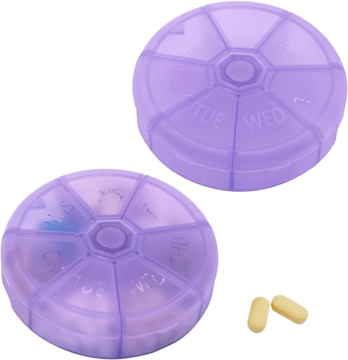 [BRSRAGQNDIHBMDLK] Portable Weekly Pill Organizer 7 Day Pills Container, Round Pill Case Travel Friendly, Daily Week Pill Reminder Case, BPA-Free Vitamin, Supplement, Fish Oil, Medication Planner (Purple)