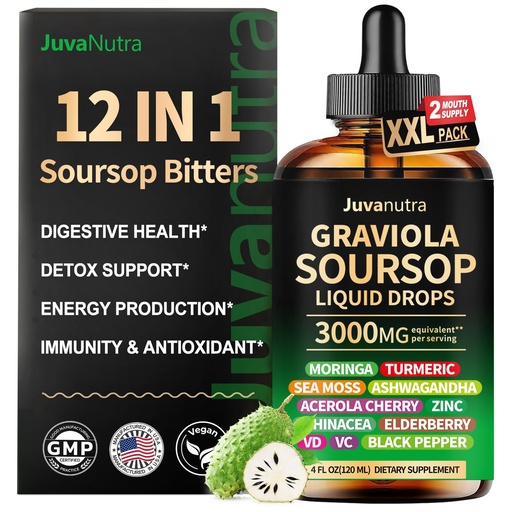 [BRSRGYIFDMBQYYI3] (4 Fl Oz) Soursop Bitters Liquid Drops 12 in 1 with Sea Moss, Moringa, Turmeric, Echinacea & Ashwagandha Extract - Herbal Tonic for Digestive Wellness & Immune Support