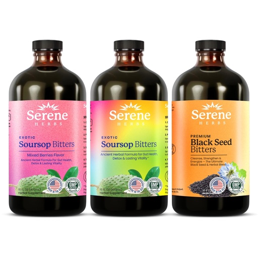 [BRSREA36CUIWY2TB] Serene Herbs Soursop Bitters Liquid, Mixed Berries & Black Seed Triple Bundle – Organic Herbal Guanabana for Digestive Support & Immune Health – Vegan, Non-GMO – 48 oz (16 oz Each), 3 Pack