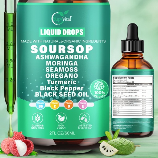 [BRSRGZTROQFQYCA7] 12-in-1 Soursop Bitters Liquid Drops 2000mg, Soursop Drops with Ashwagandha, Black Seed Oil, Moringa, See Moss for Natural Antioxidant, Cell Support & Regeneration, Immune Boost, Rich in Vitamin D& C