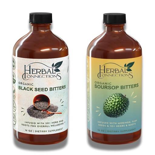 [BRSRAEAHAANWKGQV] Herbal Connections Organic Soursop & Black Seed Bitters Bundle - Natural Plant-Based Ingredients for Gentle Detox & Digestive Health Two Bottles, 32 Ounces (16 Ounces Each), 64 Servings