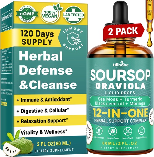 [BRSREZIRCAGWK2D6] HIIHONE (2 Pack) 12-in-1 Soursop Bitters Liquid Drops with Sea Moss, Black Seed Oil, Moringa for Cell Support & Regeneration, Immunity, Liver, Gut & Antioxidant - 2 Fl Oz