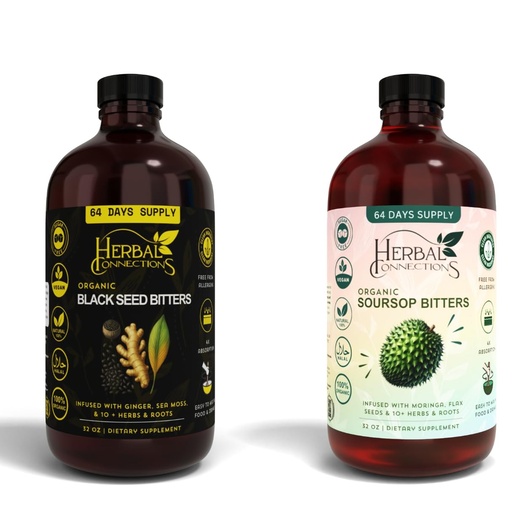 [BRSRE233O4CAED32] Black Seed & Soursop Bitters Bundle – 2 x 32 oz Bottles - 64-Day Supply – Vegan Organic Herbal Tonic for Digestive Health & Overall Wellness – No Sugar, Made in USA.