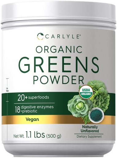 [BRSRAAQHAR6WC236] Carlyle Organic Greens Powder | 17.6 oz Supplement | Relieves Occasional Gas, discomfort & Bloating | with 20+ Superfoods, 18 Digestive Enzymes, and Prebiotics | Vegan, Non-GMO and Gluten Free