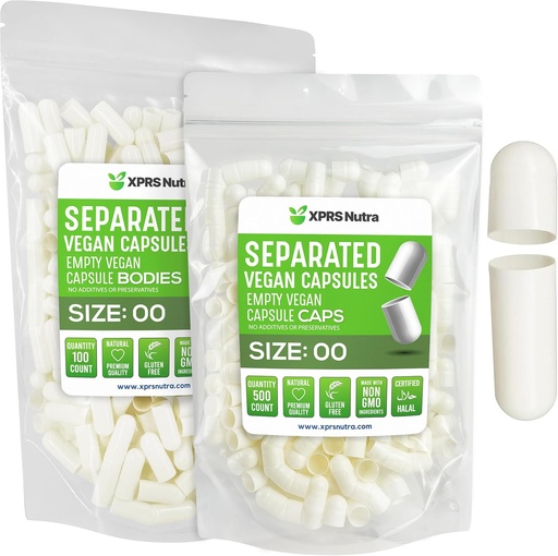[BRSROFATBAGWGHY7] XPRS Nutra Vegan Size 00 Separated Capsules - 100 Count Premium Empty Capsules Separated in Bags - 00 Pills Empty for DIY Supplement Filling (White)